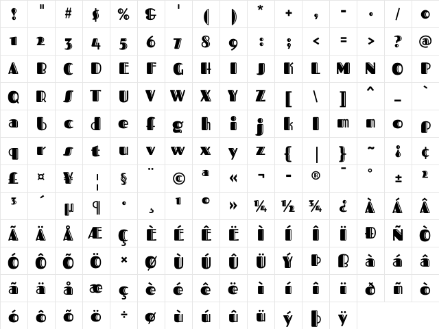 Fascinate Inline Regular  glyph index