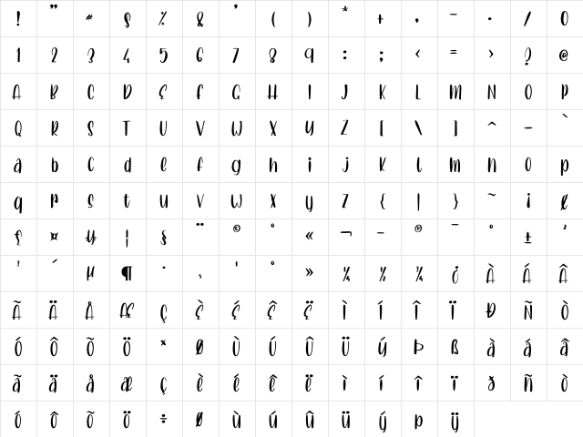 Lovely Unicorn Regular  glyph index