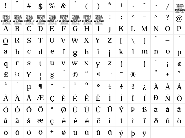 Blaak Light PERSONAL USE Regular  glyph index