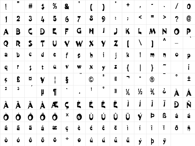 CraneCondensed Normal  glyph index