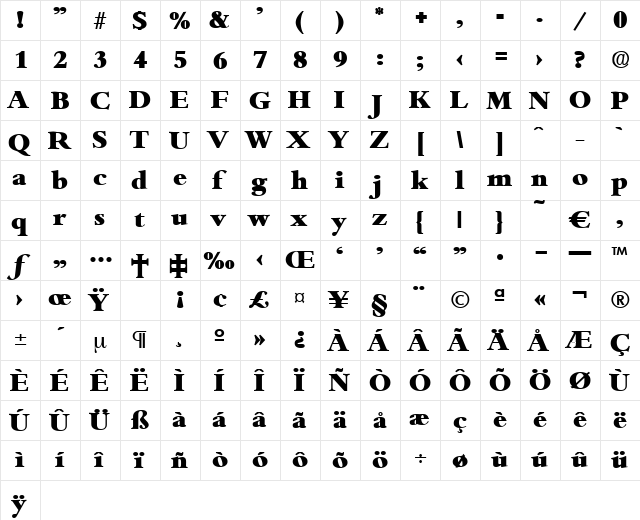 Bamberg-ExtraBold Regular  glyph index