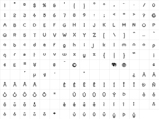 FortuneCity Comic Outline Regular  glyph index