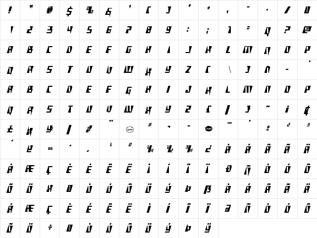 X-Racer Condensed Condensed  glyph index