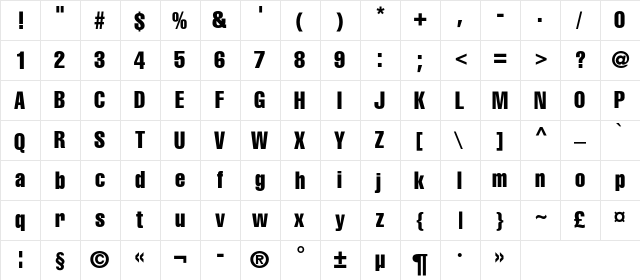 HeliosCompressedC Regular  glyph index
