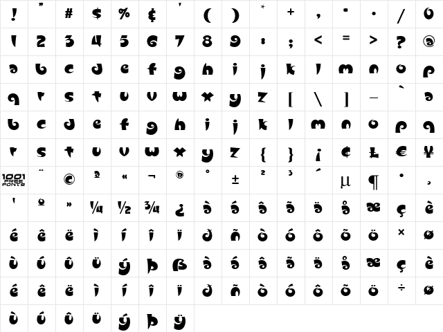 Slugfest NF Regular  glyph index