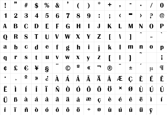 GrenobleSerial Bold  glyph index