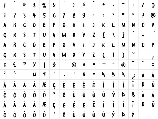 Brokenbrush Regular  glyph index