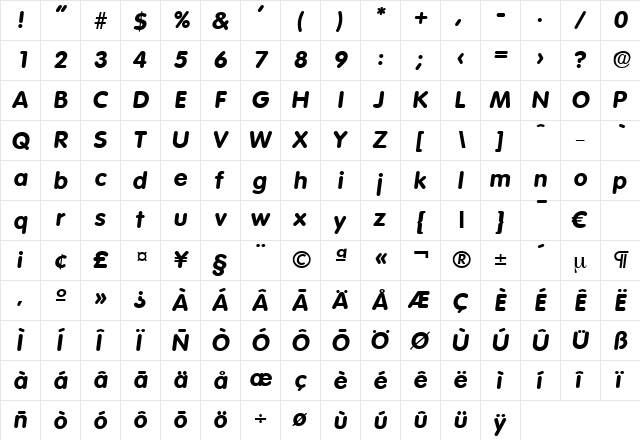 Volkswagen-BoldIta Regular  glyph index