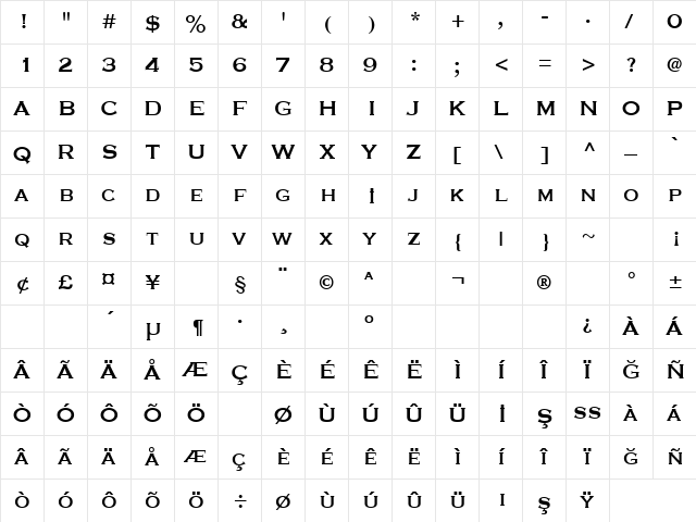 TR Schubert Bold  glyph index