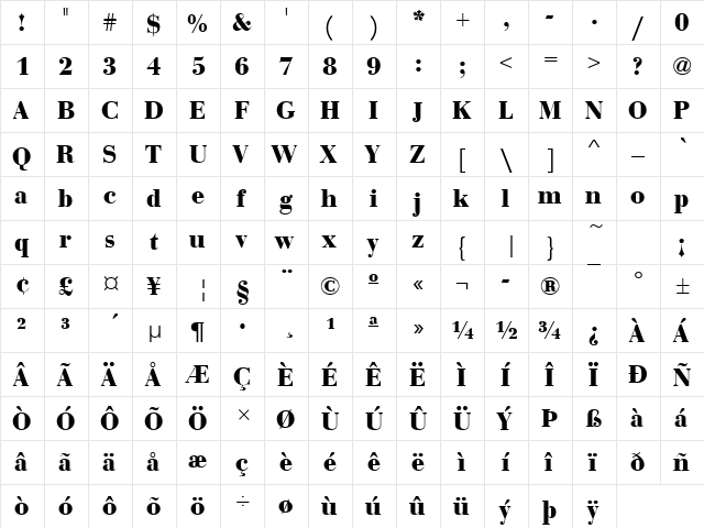 Bedini Bold  glyph index