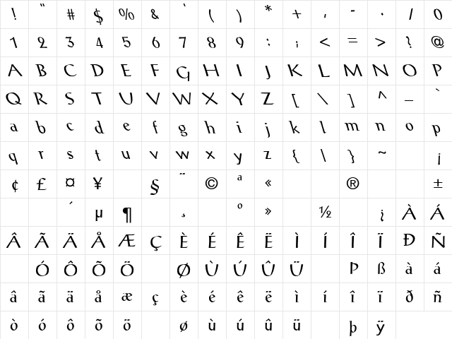 Alex-Antiqua-Book Lefty Regular  glyph index
