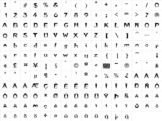 TempuraExpanded normal  glyph index