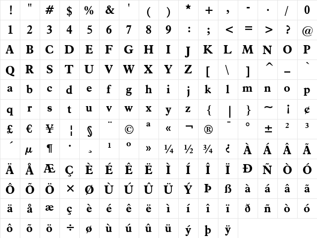 Aldine 721 Bold  glyph index