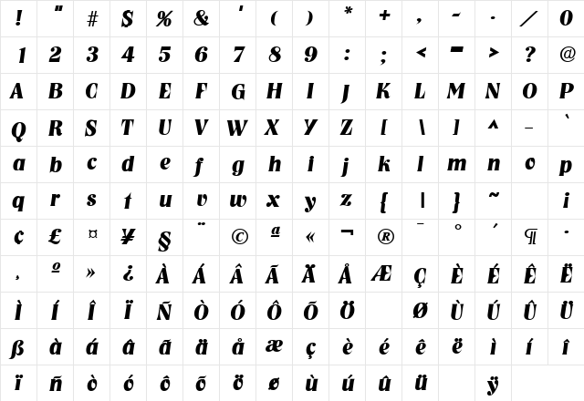 NashvilleLH Bold Italic  glyph index