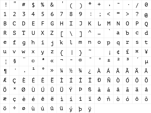 PT Mono Regular  glyph index