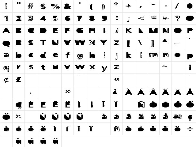 FruitbasketUpset Regular  glyph index