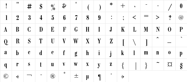 BodoniCondC Regular  glyph index