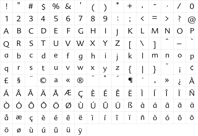 Advert-Light Regular  glyph index