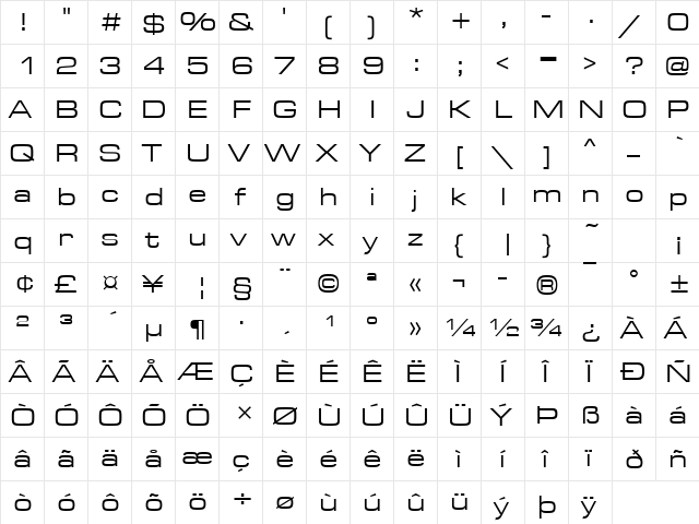 EurostileTRegExt Regular  glyph index