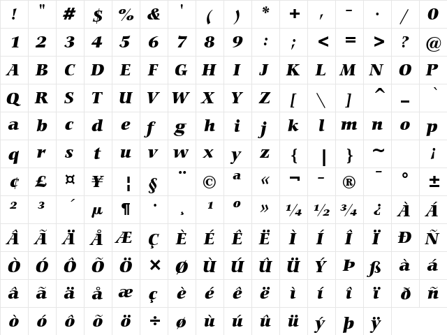 Carmina Blk BT Black Italic  glyph index