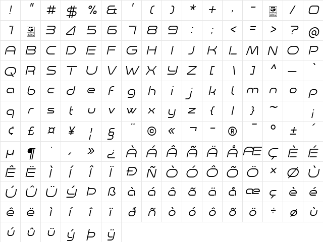 Minalis_Demo Light Italic  glyph index