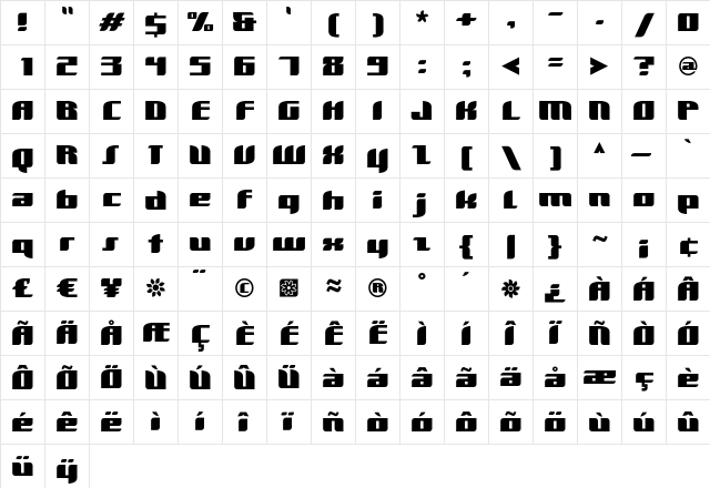 Dimentia Wide  glyph index