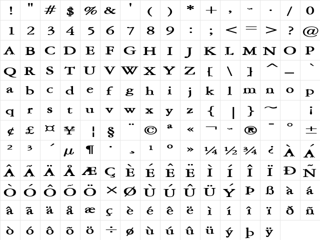 Amery Extended Bold  glyph index