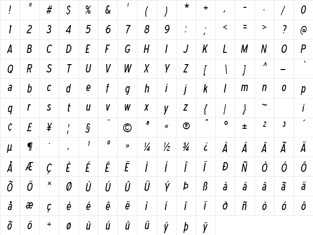 Expressway Condensed Book Italic  glyph index