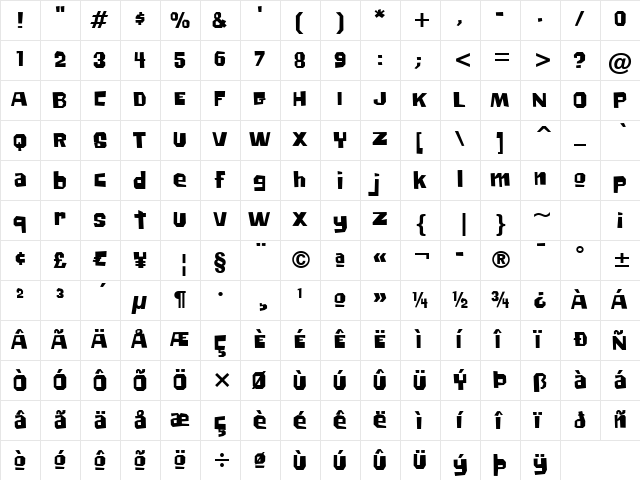 Big Chump BTN Regular  glyph index