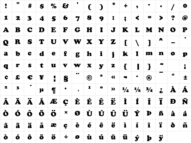 Cooper-Black Regular  glyph index