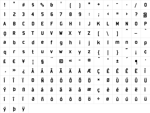 Bombardier Regular  glyph index