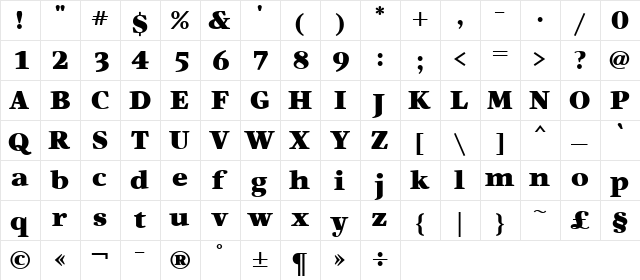 Artemius Black TT Regular  glyph index