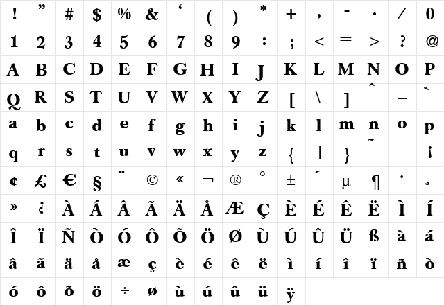 GermanCaslon Bold  glyph index