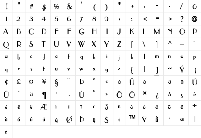 Elysee Bold  glyph index