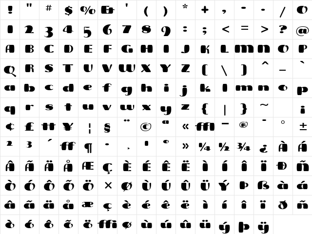 FreddoITC TT Regular  glyph index