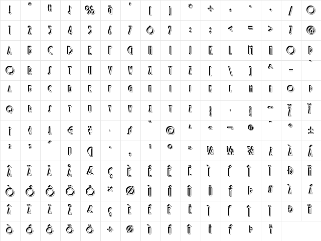Chemin de Fer NF Regular  glyph index