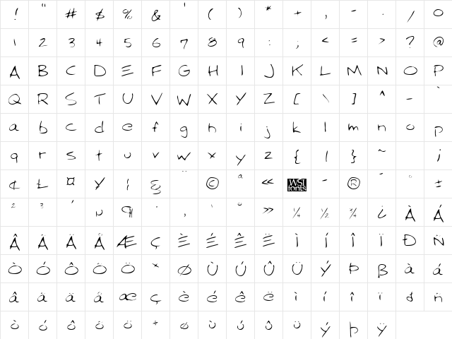 AngelasHand Regular  glyph index