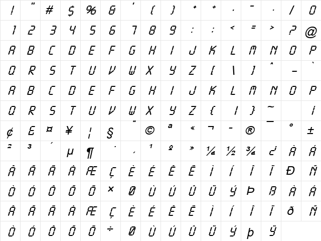 Time Italic  glyph index