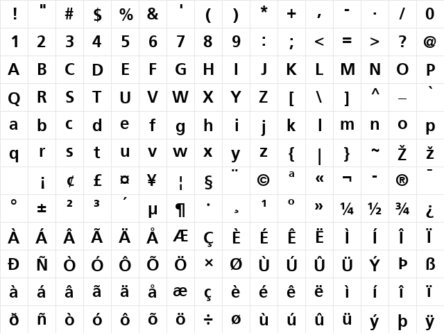 Frutiger LT 45 Light Bold  glyph index