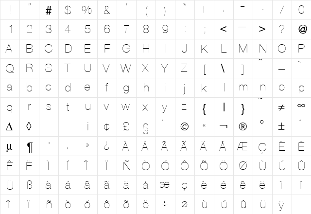 HegelUltraLight Regular  glyph index