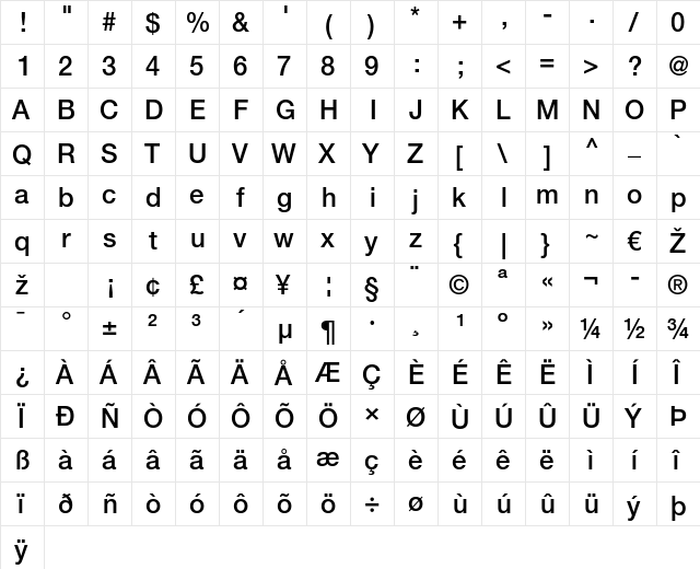 HelveticaNeue LT 65 Medium Regular  glyph index