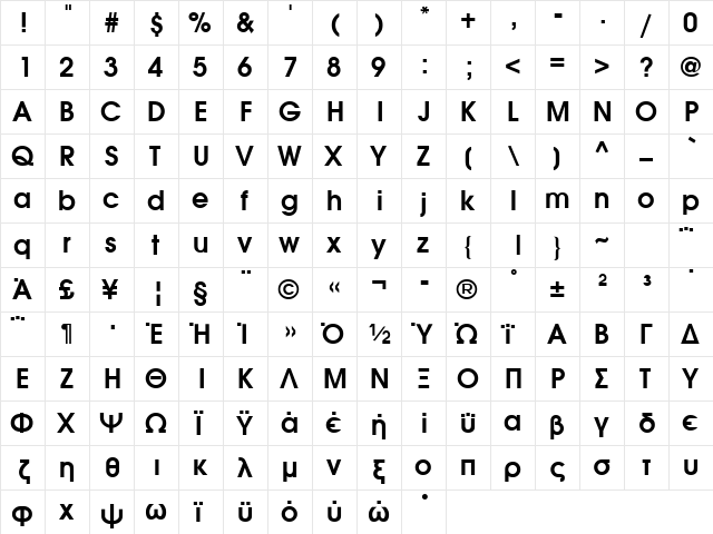 AvantGreek Bold  glyph index