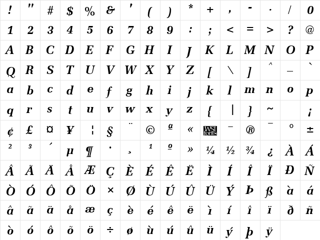 Memoir Bold Italic  glyph index