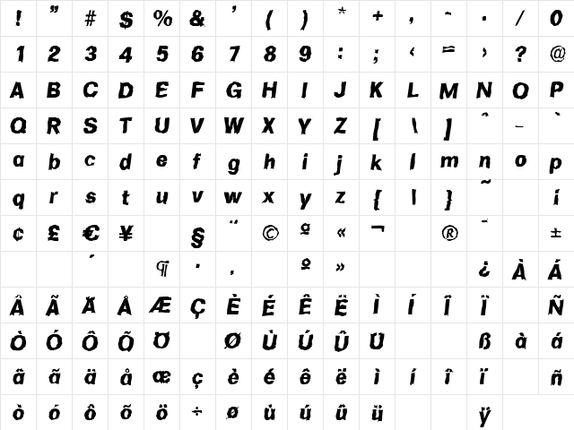 AdamBeckerRandom-ExtraBold Italic  glyph index