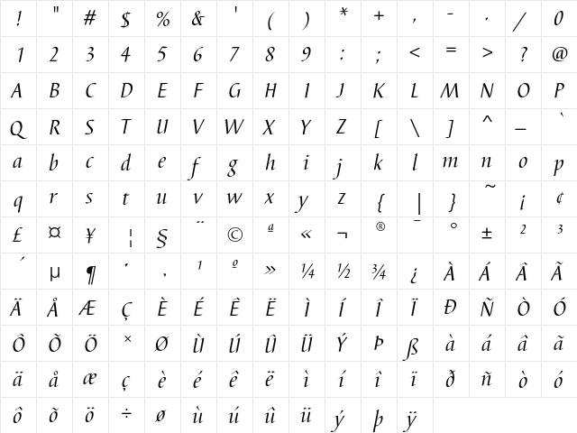 BarbedorEF RegularItalic  glyph index