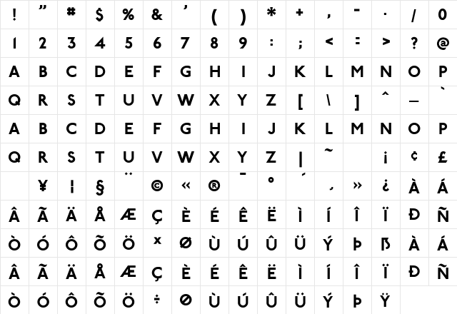 P22 Johnston Underground Bold  glyph index