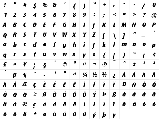 Dax ExtraBoldItalic  glyph index