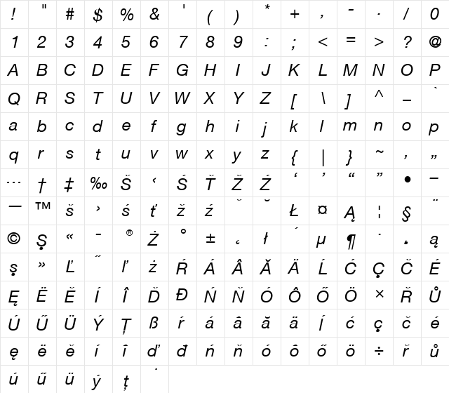 Helvetica CE 55 Roman Italic  glyph index