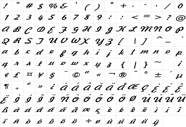 Jott 44 Extended Italic  glyph index