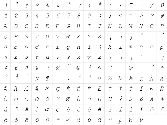 FreeMono Oblique  glyph index